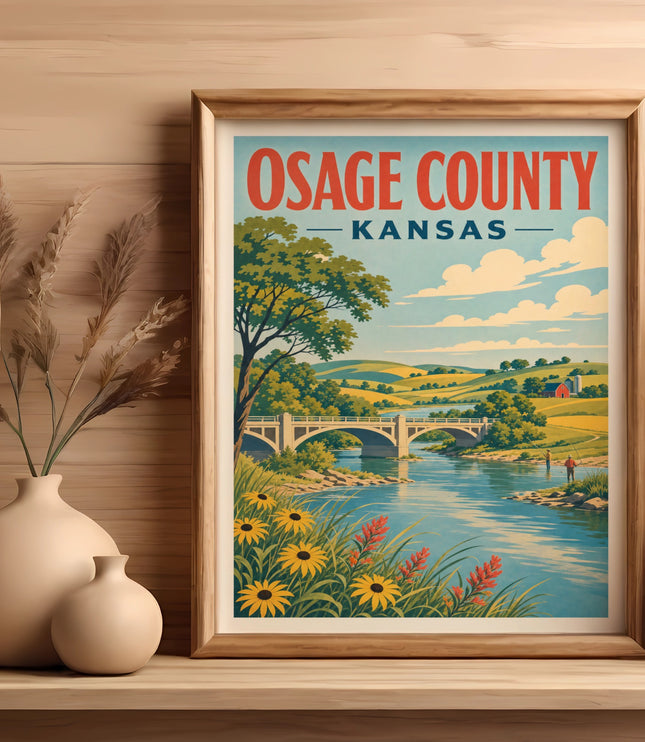 Osage County, Kansas vintage travel poster with landscape and text.