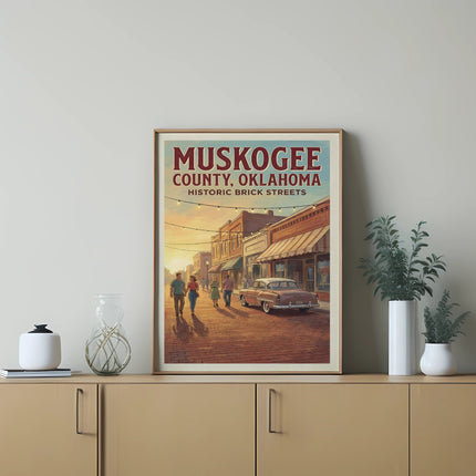 Poster of Muskogee, Oklahoma historic brick streets with people and vintage car.