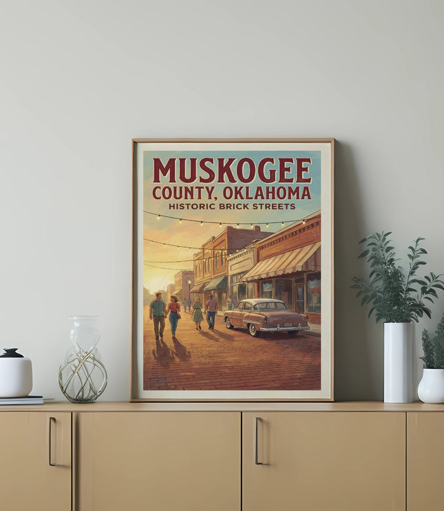 Poster of Muskogee, Oklahoma historic brick streets with people and vintage car.