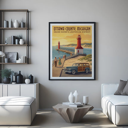 Vintage travel poster of Ottawa County, Michigan, showing lighthouses and a classic car.
