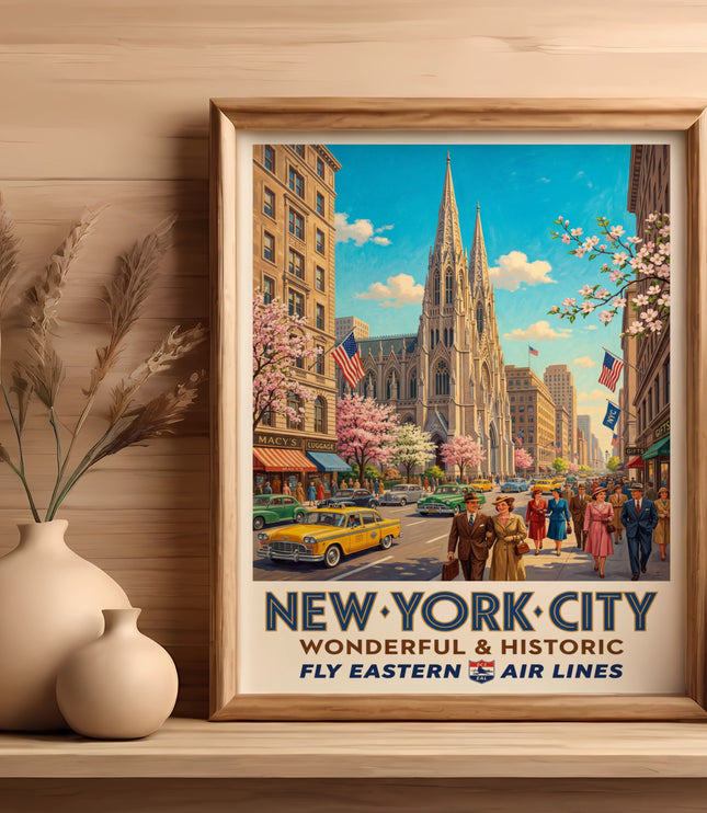 New York City vintage travel poster of St. Patrick's Cathedral with Eastern Air Lines text.
