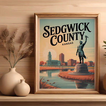 Sedgwick County Kansas poster featuring a statue and buildings.