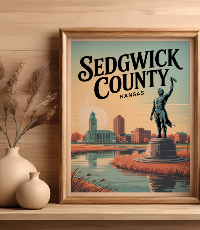 Sedgwick County Kansas poster featuring a statue and buildings.