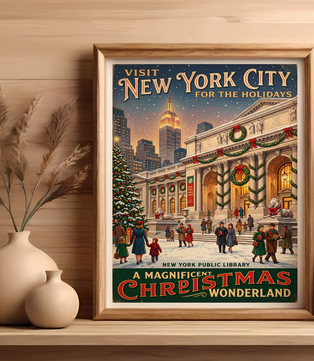 Vintage New York City Christmas poster showing Empire State Building and decorated library.