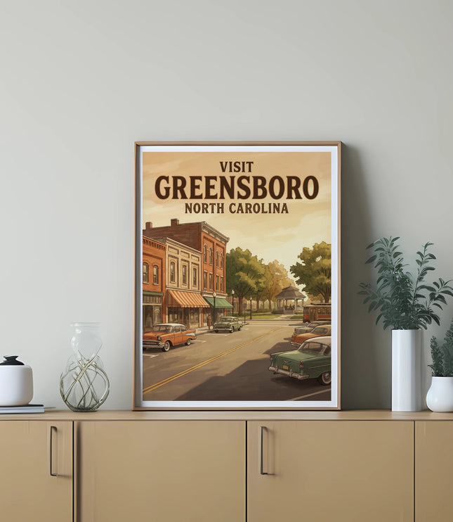 Visit Greensboro North Carolina vintage travel poster with cars and buildings.