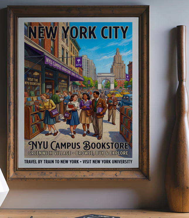 Vintage New York City poster for NYU Campus Bookstore featuring students and Washington Square Arch.