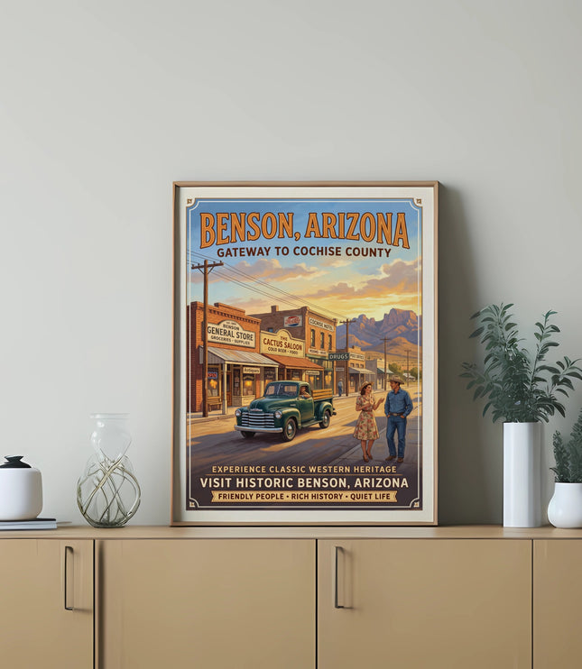 Benson, Arizona vintage travel poster featuring street scene, desert mountains, and text.