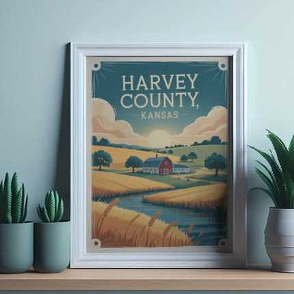 Vintage travel poster of Harvey County, Kansas with a red barn and landscape.
