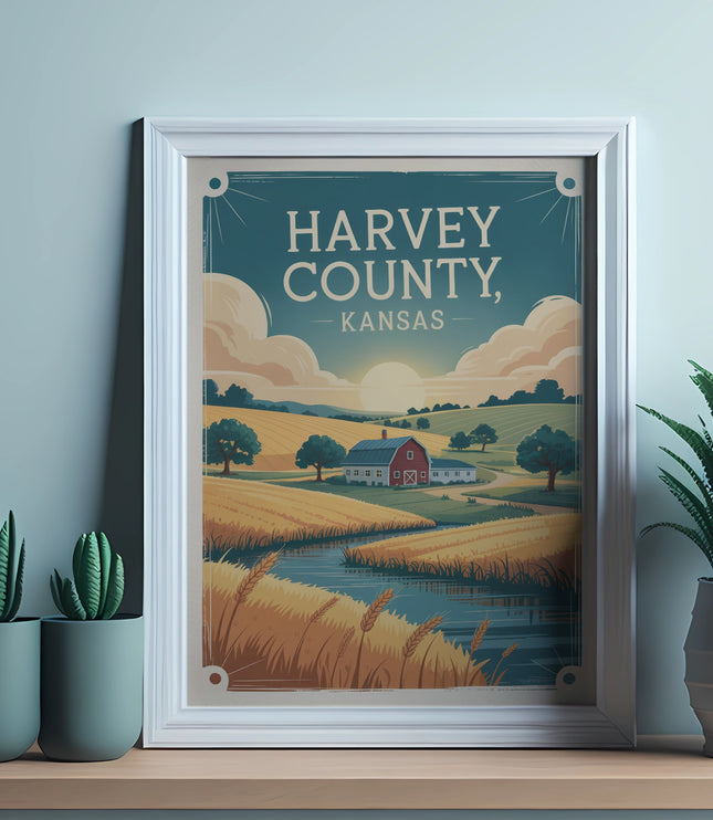 Vintage travel poster of Harvey County, Kansas with a red barn and landscape.