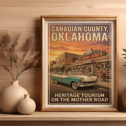 Retro poster for Canadian County, Oklahoma featuring El Reno Diner, Route 66, and classic car.
