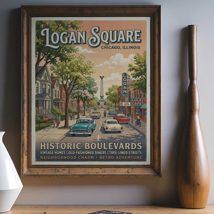 Logan Square Chicago, Illinois art with vintage cars, homes, and the Lula Cafe.