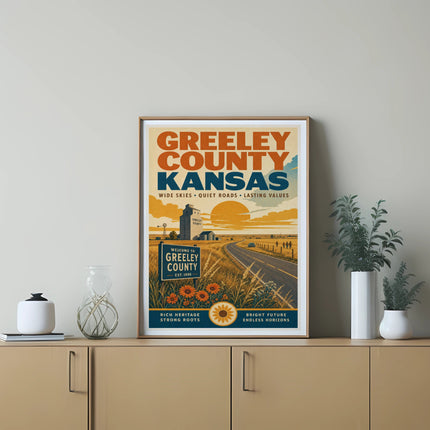 Greeley County, Kansas welcome sign with sunflowers and a scenic road.