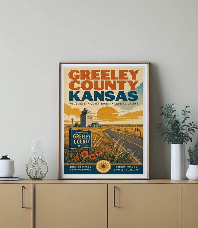 Greeley County, Kansas welcome sign with sunflowers and a scenic road.