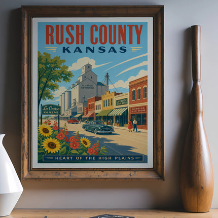 Vintage Rush County Kansas poster with La Crosse landmarks and sunflowers.
