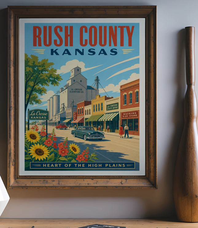 Vintage Rush County Kansas poster with La Crosse landmarks and sunflowers.