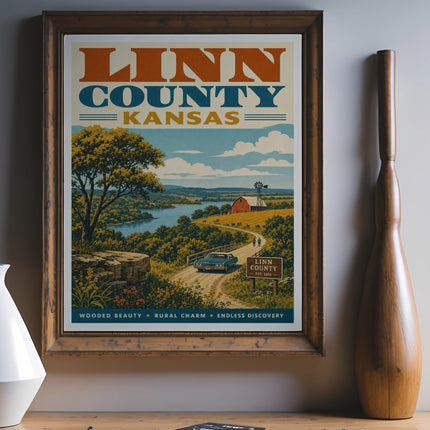 Linn County, Kansas vintage travel poster with landscape and text.