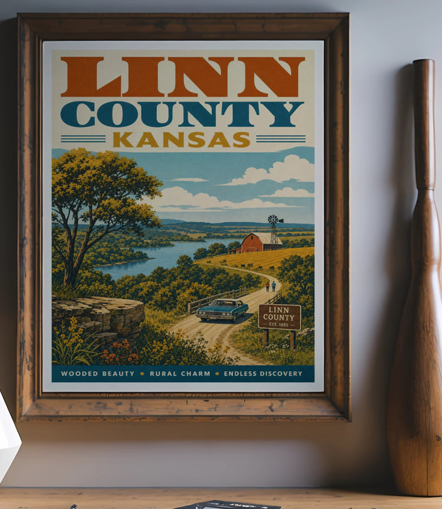 Linn County, Kansas vintage travel poster with landscape and text.