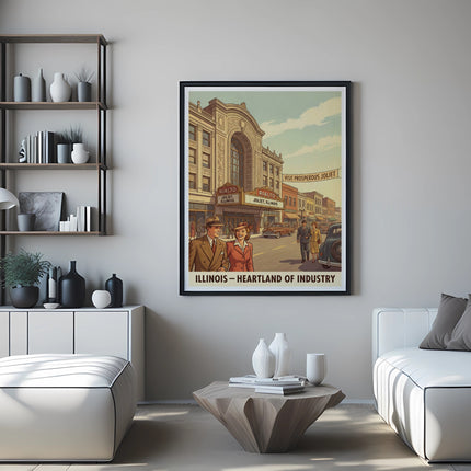 Vintage Rialto Theater poster for Joliet, Illinois featuring text about industry.