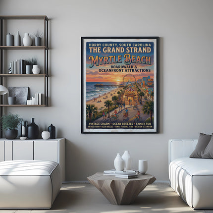 Myrtle Beach Grand Strand vintage travel poster with pier, Ferris wheel, and beachgoers.