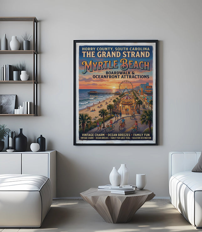 Myrtle Beach Grand Strand vintage travel poster with pier, Ferris wheel, and beachgoers.