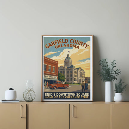 Garfield County Oklahoma poster featuring Enid's Downtown Square artwork.