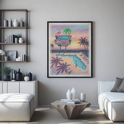 Retro Florida Motel sign with pool and palm trees poster on wall.