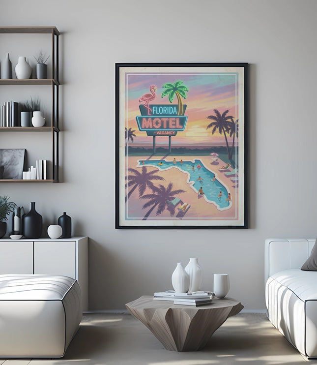 Retro Florida Motel sign with pool and palm trees poster on wall.