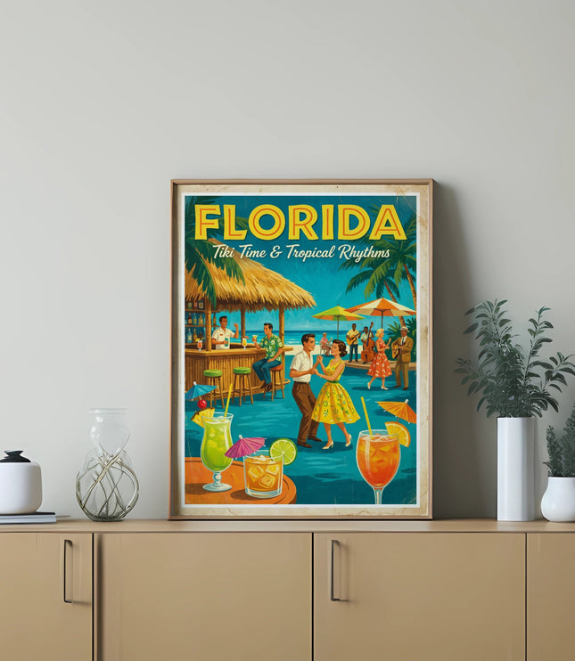 Vintage Florida Tiki Time & Tropical Rhythms poster featuring dancing couples and cocktails.