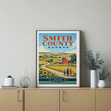 Smith County Kansas vintage travel poster with family in field.