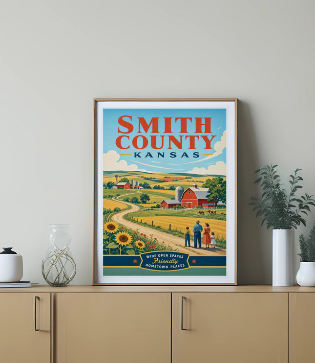 Smith County Kansas vintage travel poster with family in field.