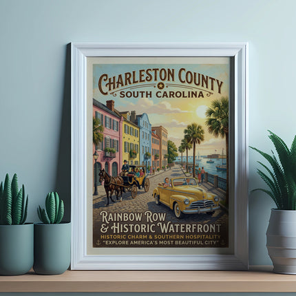Charleston County South Carolina vintage travel poster featuring Rainbow Row and waterfront.