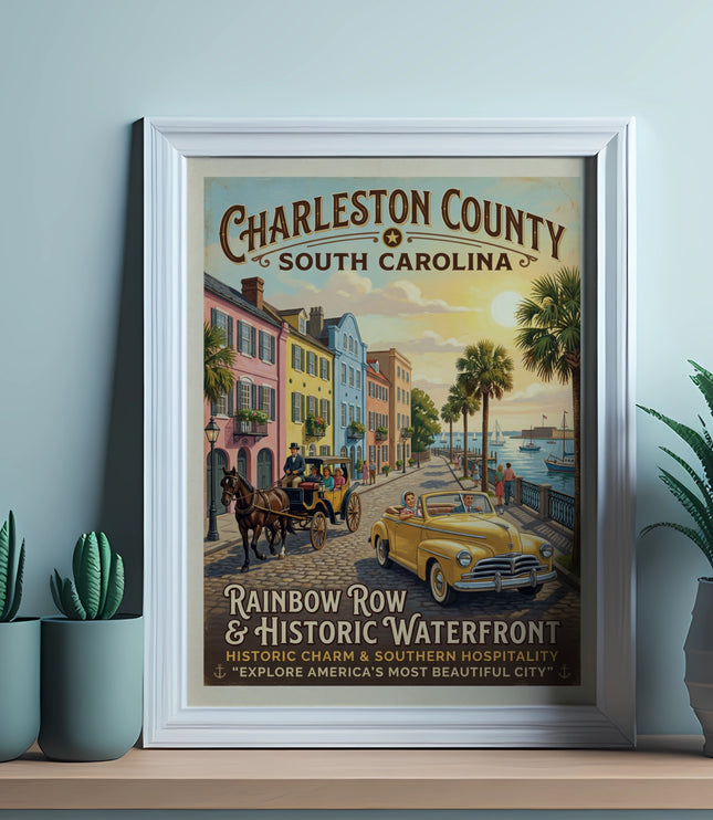 Charleston County South Carolina vintage travel poster featuring Rainbow Row and waterfront.