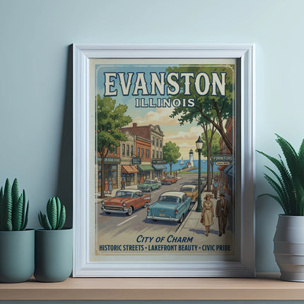 Framed poster of Evanston, Illinois with vintage cars and historical landmarks.