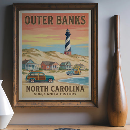 Outer Banks, North Carolina vintage travel poster with lighthouse and beach houses.