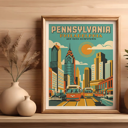 Framed vintage art print of Philadelphia skyline with streetcars and text.