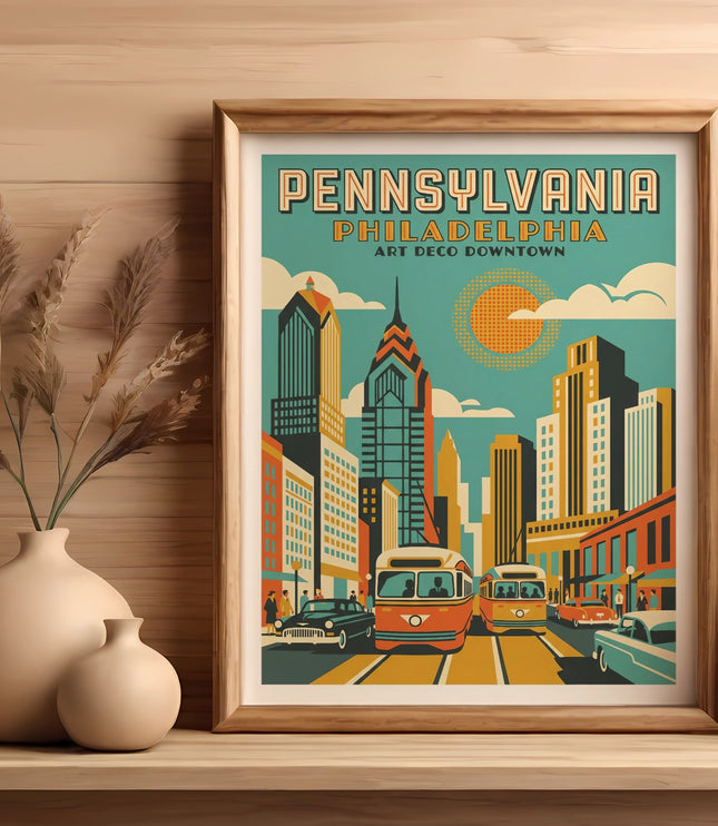 Framed vintage art print of Philadelphia skyline with streetcars and text.