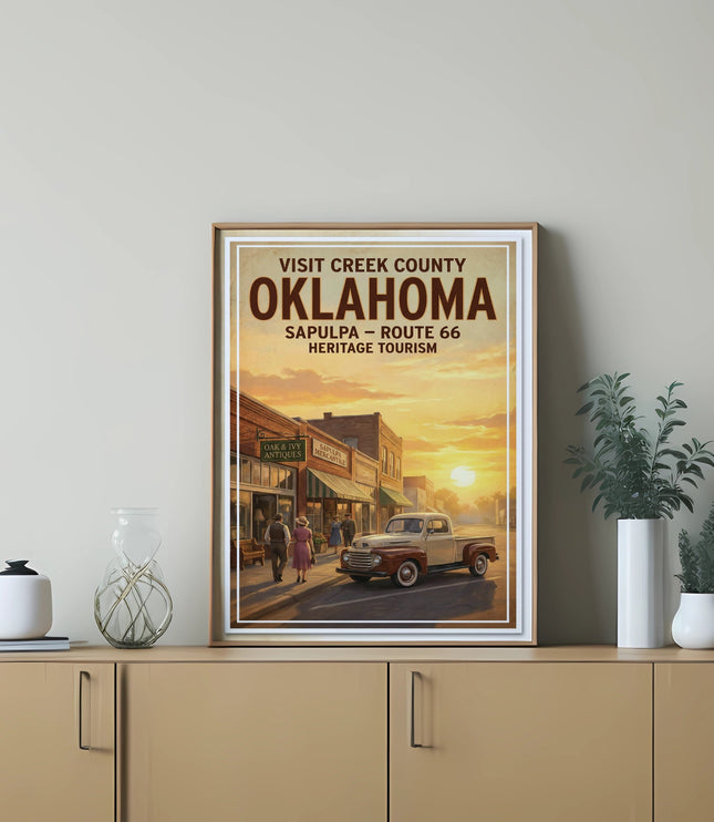 Vintage poster featuring Sapulpa, Oklahoma on Route 66 heritage tourism.