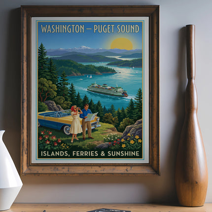 Washington - Puget Sound, Islands, Ferries & Sunshine vintage travel poster.