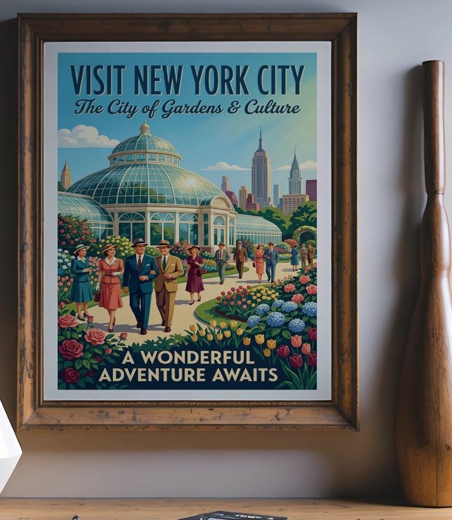 New York City travel poster featuring a glass conservatory, skyline, and text "Visit New York City".