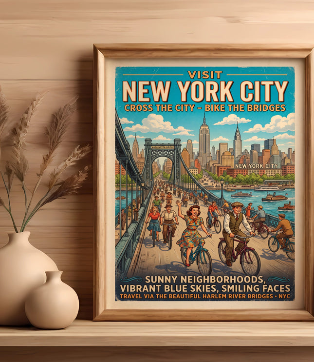 New York City poster with people biking across a bridge, featuring skyline and text.