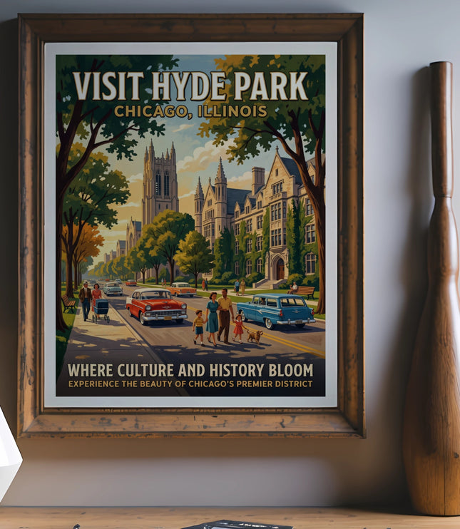 Hyde Park Chicago Illinois vintage travel poster with family and cars.