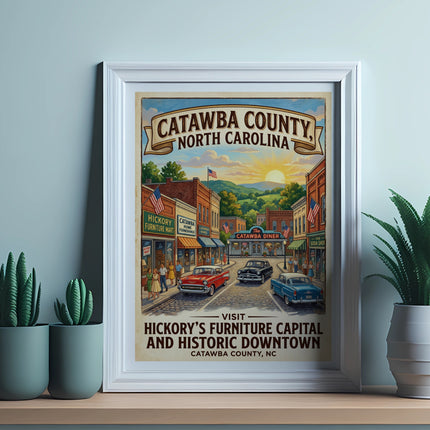 Vintage travel poster for Catawba County, North Carolina, highlighting Hickory.