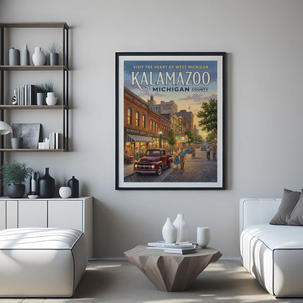 Kalamazoo Michigan County vintage travel poster in a black frame on a wall.