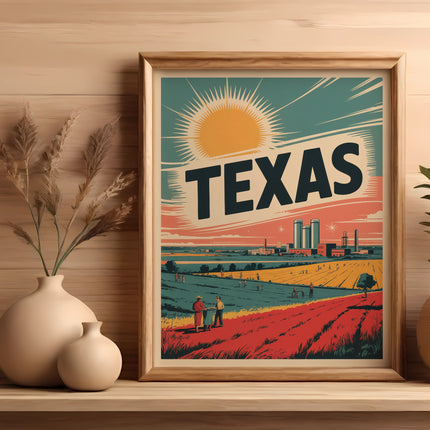 Framed artwork depicting a stylized Texas landscape with a bright sun and silos.