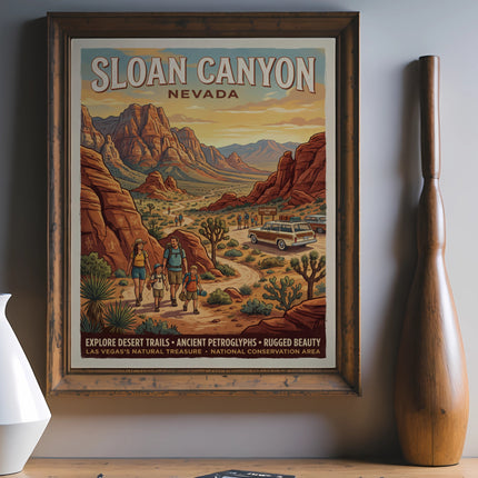 Sloan Canyon Nevada vintage travel poster with people and car in desert landscape.