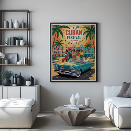 Cuban Festival Miami poster featuring a classic car and palm trees.