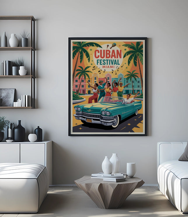 Cuban Festival Miami poster featuring a classic car and palm trees.