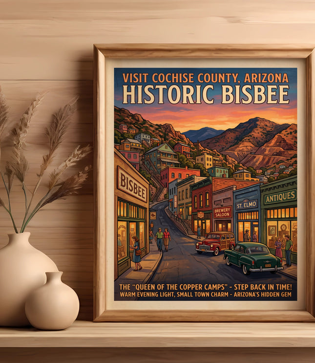 Vintage poster of historic Bisbee, Arizona with text about its charm.