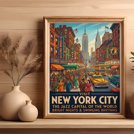 Vintage New York City jazz scene poster with Empire State Building and yellow taxi.