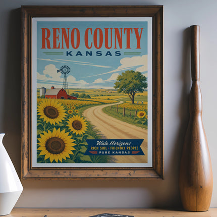 Reno County, Kansas vintage travel poster with sunflowers and windmill.